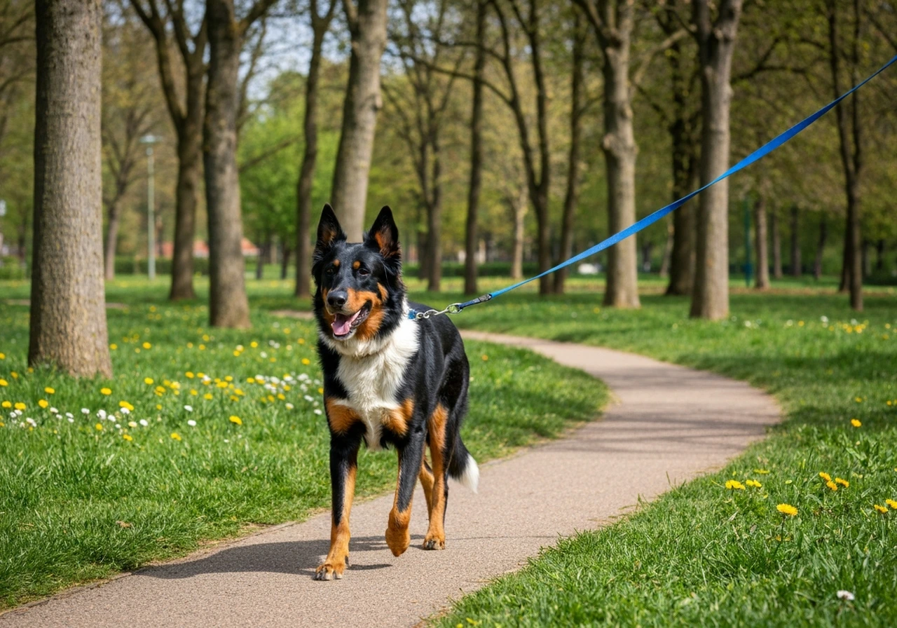 Working dog on a leash walk outdoors representing the everyday dogs affected by breed recognition politics and kennel club decisions