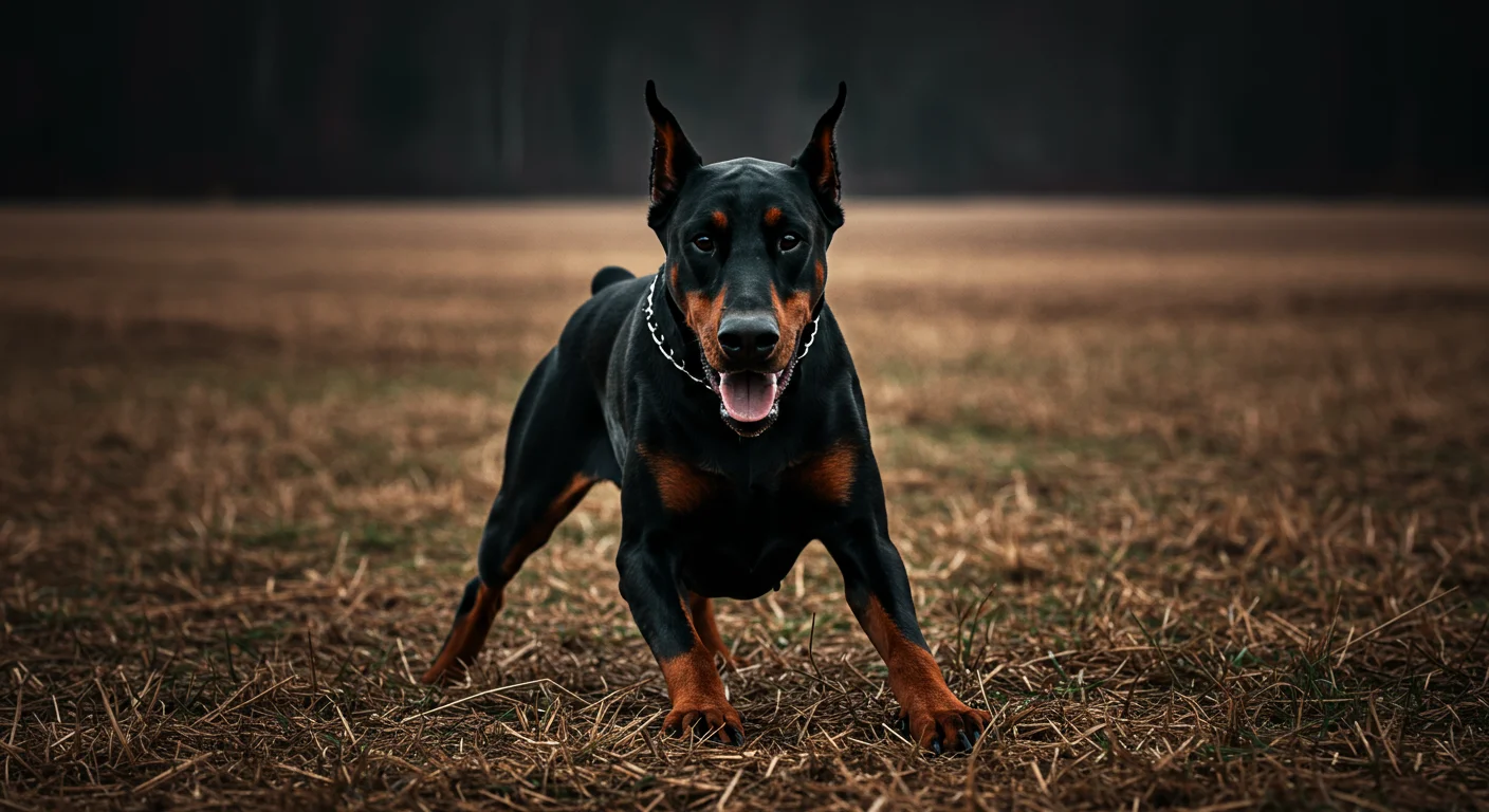 Doberman Pinscher in focused working position demonstrating drive and nerve strength during a formal evaluation