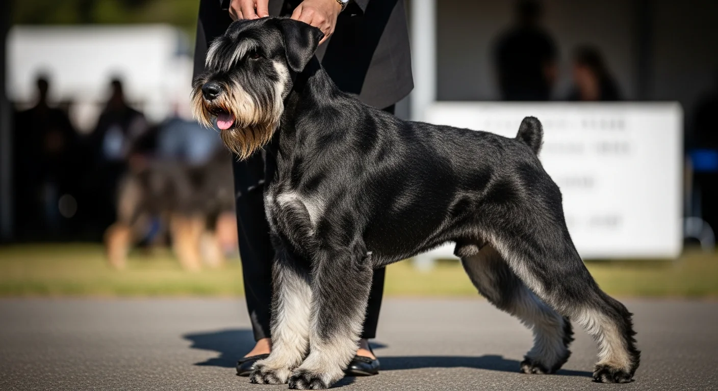 Giant Schnauzer black working dog in attentive position showing the breed's characteristic square build and strong head