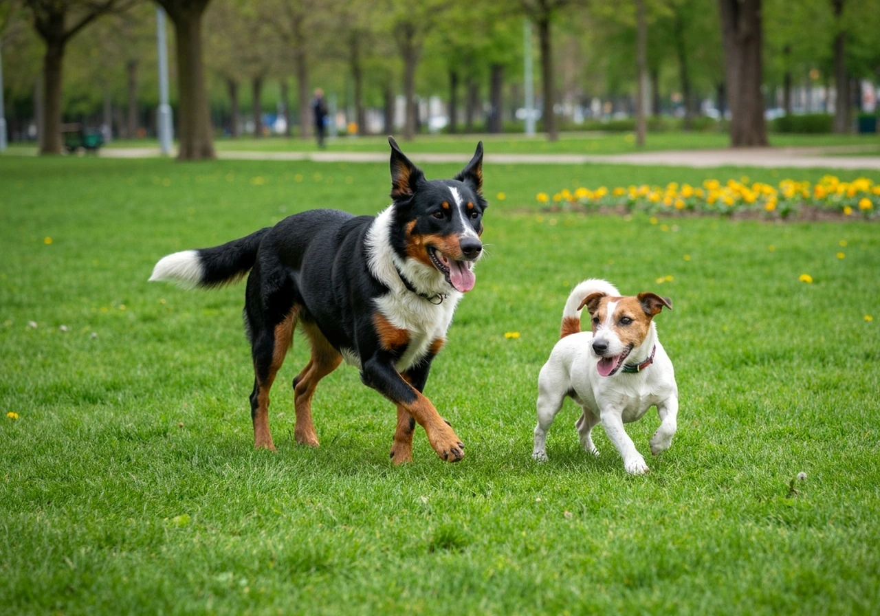 Working dogs interacting in a group setting showing the social stability and confidence expected in well-bred herding breeds