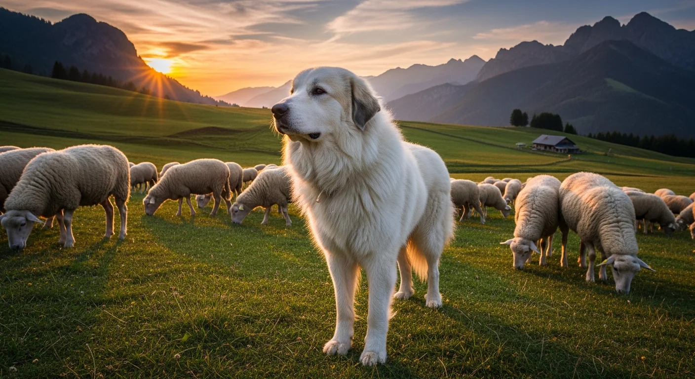 Kangal shepherd dog alert and watching in a mountainous pastoral landscape representing the independent guardian function of livestock protection breeds