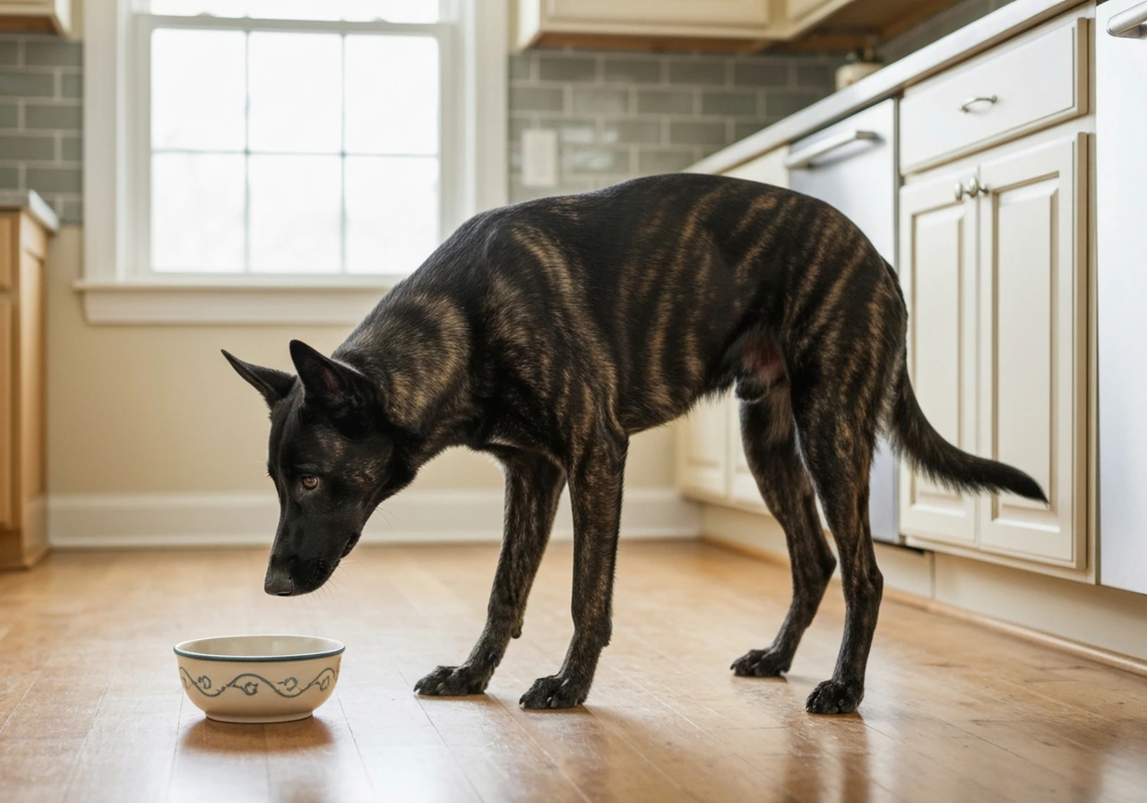 Dutch Shepherd in attentive stance demonstrating the breed's characteristic brindle coat and working dog build