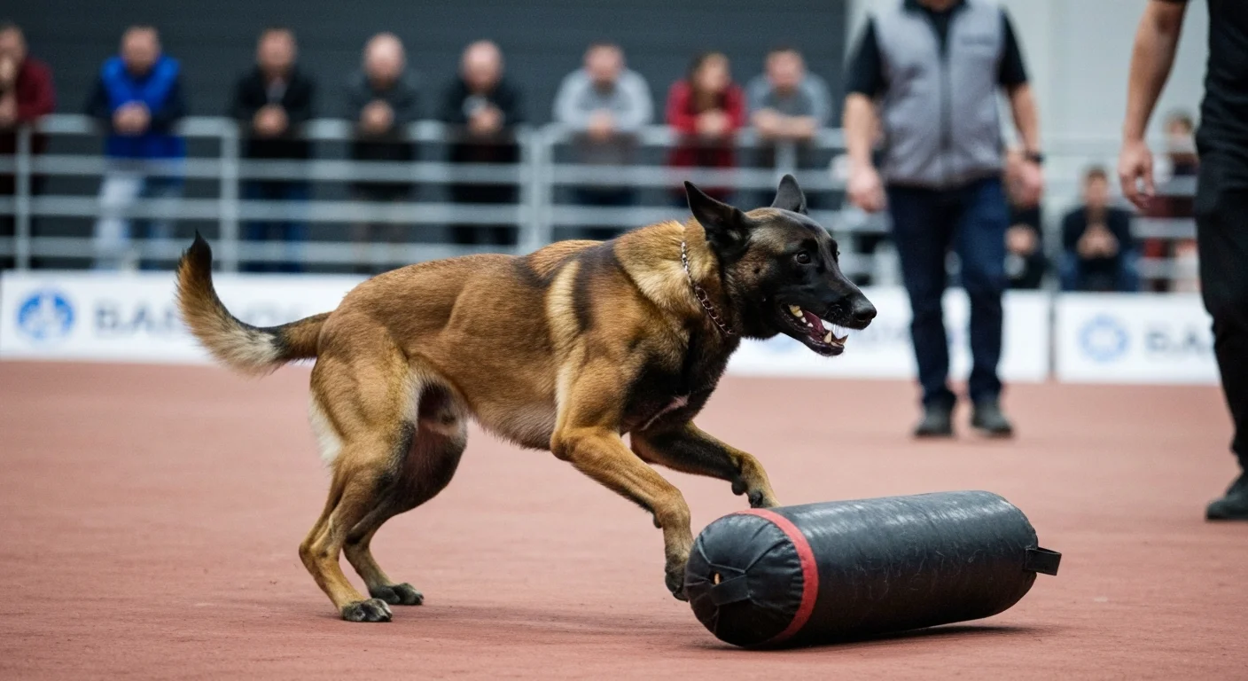 Belgian Malinois competing in a protection sport competition demonstrating the explosive drive and athletic ability the Ring sports are known for selecting