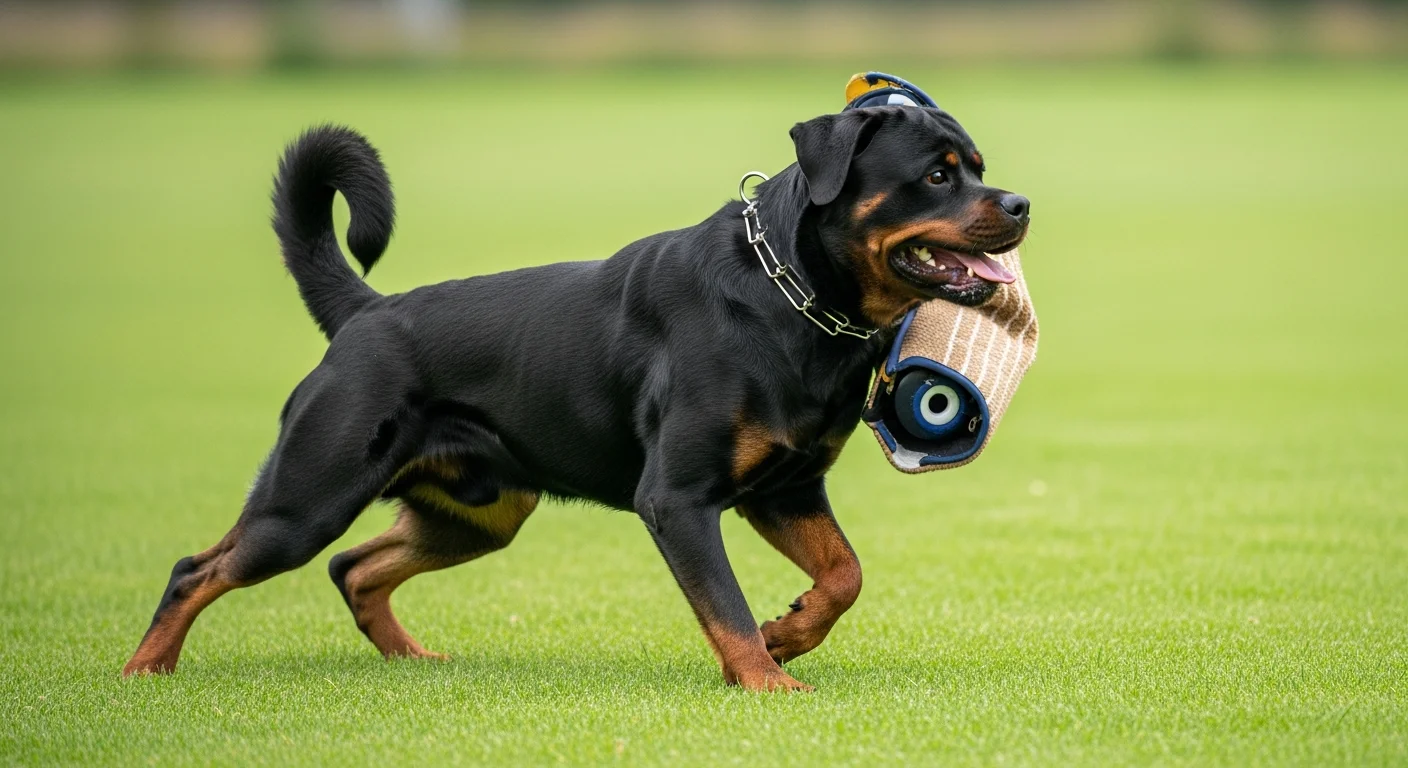 Rottweiler performing focused obedience work during an IGP evaluation, demonstrating drive and attentiveness to handler