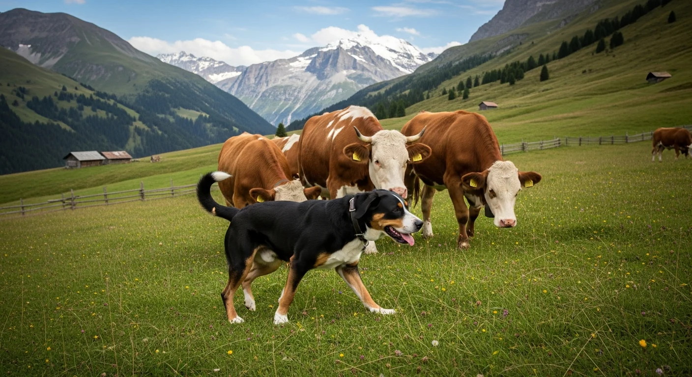 Appenzeller Sennenhund tricolor dog in active herding position demonstrating the breed's characteristic intensity and agility