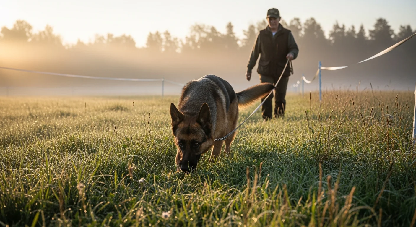 Working dog following a scent track across a field during a formal tracking evaluation, demonstrating focused scent work and drive