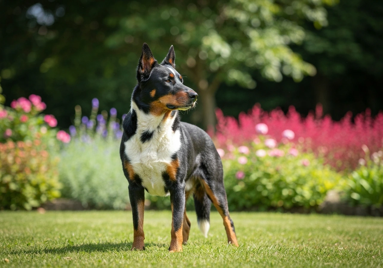 Working breed shepherd dog in side profile showing moderate angulation and functional working structure